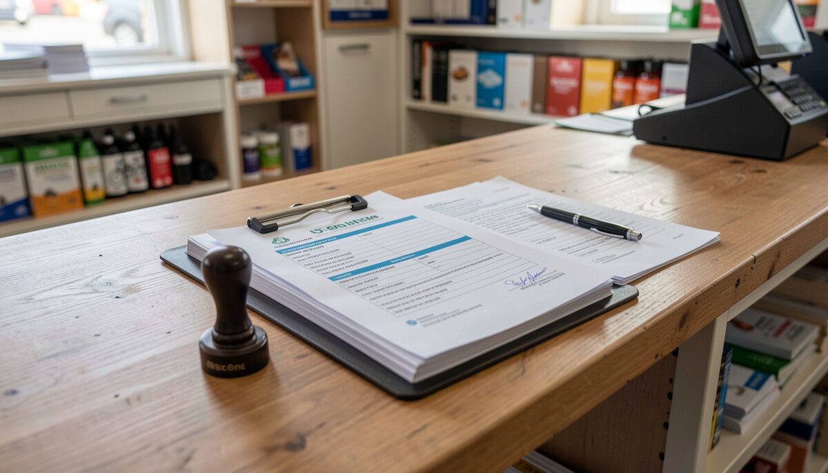 A folder of cycle-to-work scheme paperwork on a shop counter with a stamp and pen