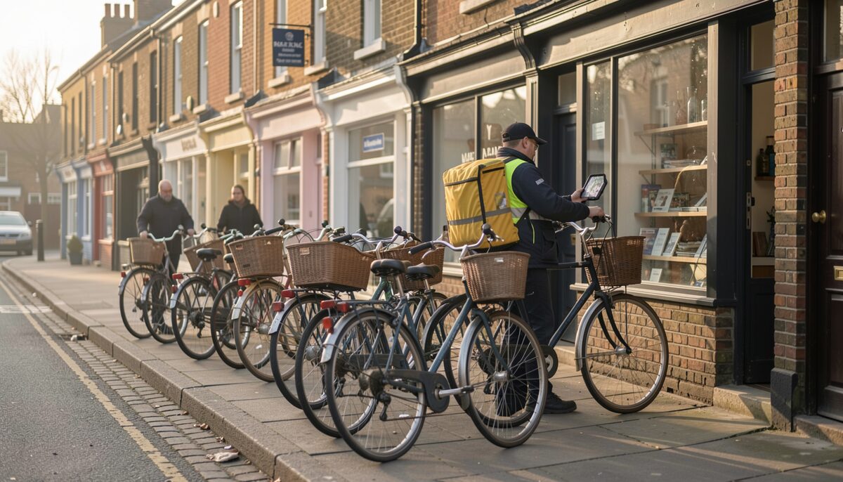 A line of commuter bikes outside a terraced shop at dawn, delivery rider unlocking