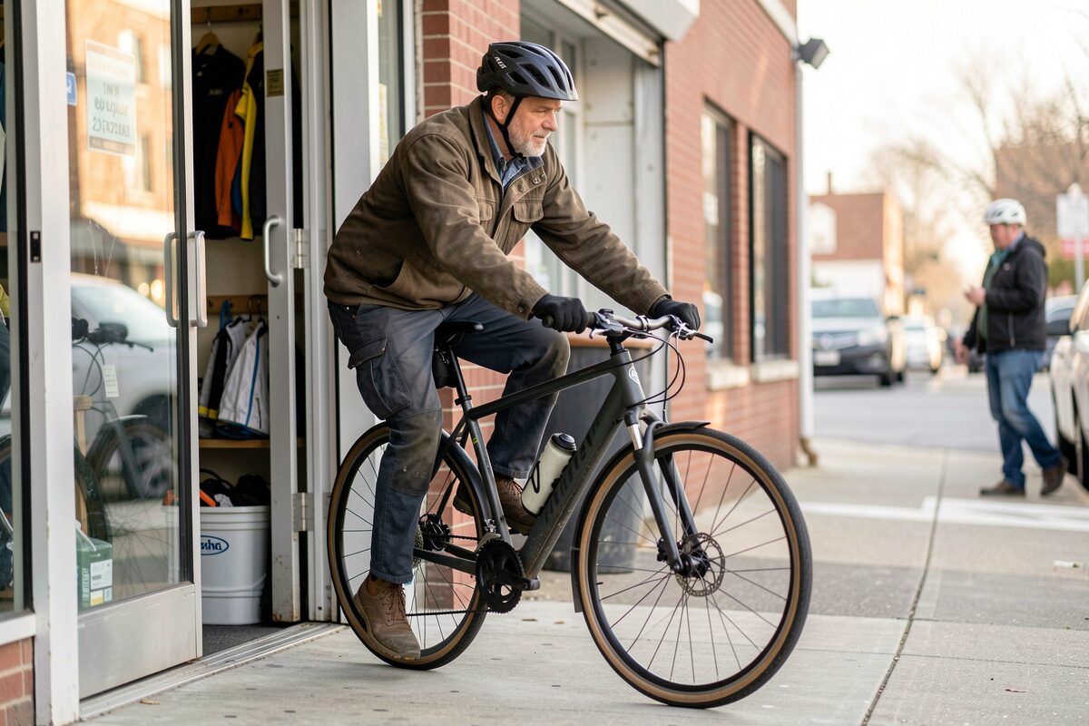A cyclist in work clothes rolling a hybrid bike through a shop door