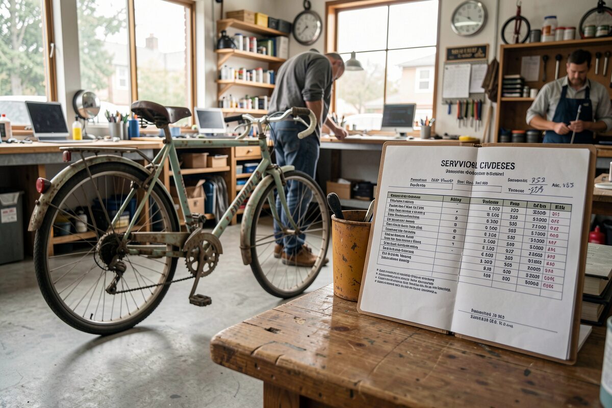 A loyal customer's old bike beside its service history file in a shop