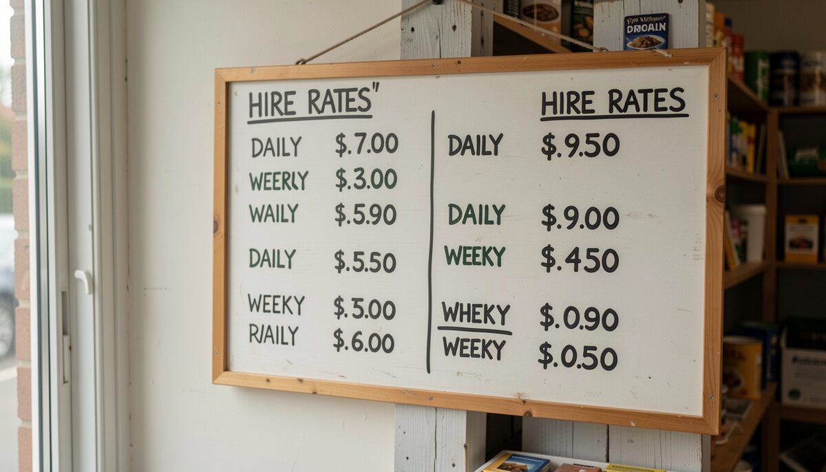 A hand-painted hire rates board on a shop wall listing daily and weekly prices