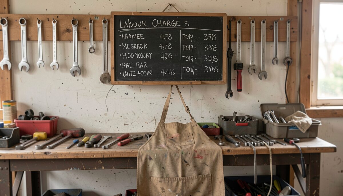 A hand-written labour charges board above a bike workshop stand, chalk prices, hanging spanners and a worn apron
