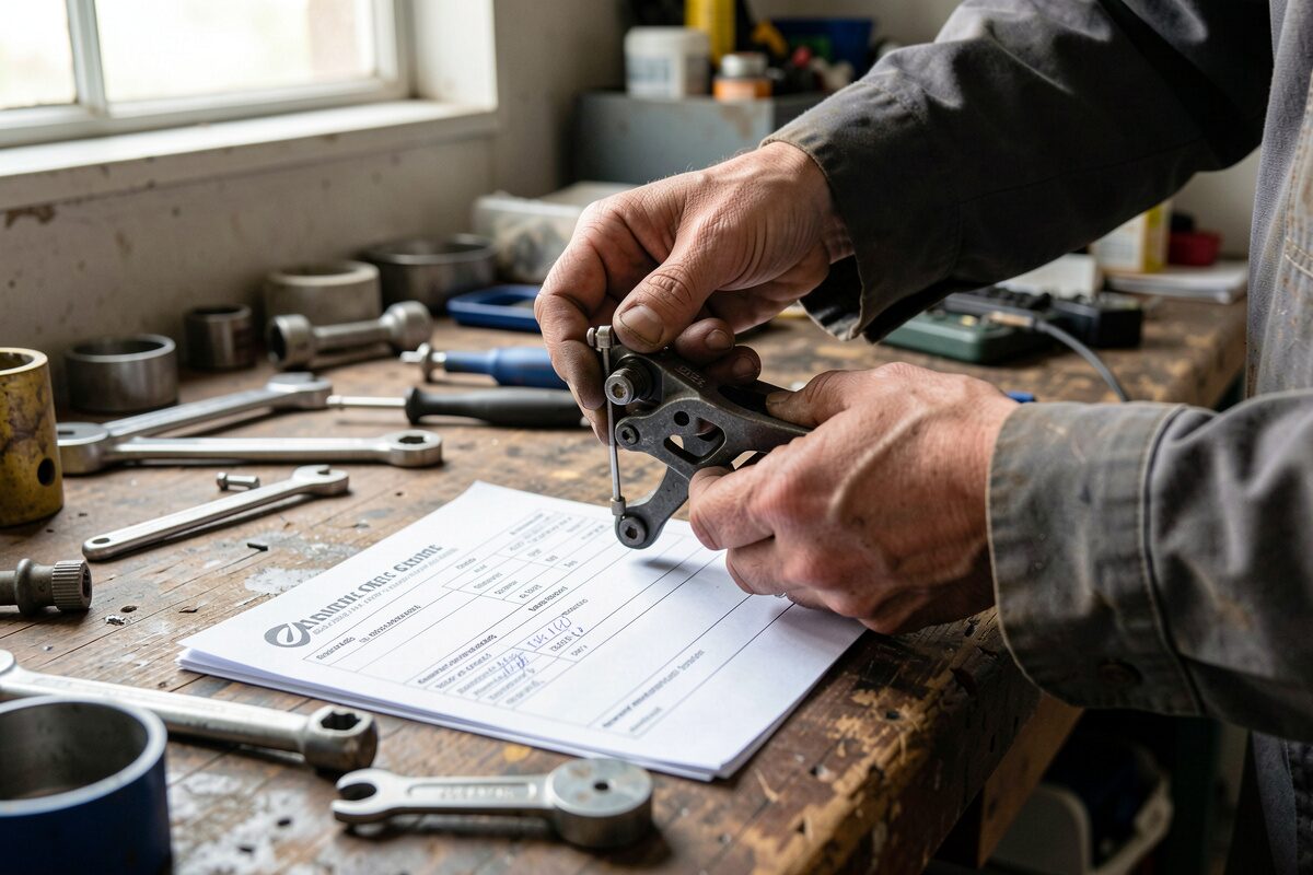 A mechanic's hands adjusting a derailleur over a paper job card on a cluttered worktop