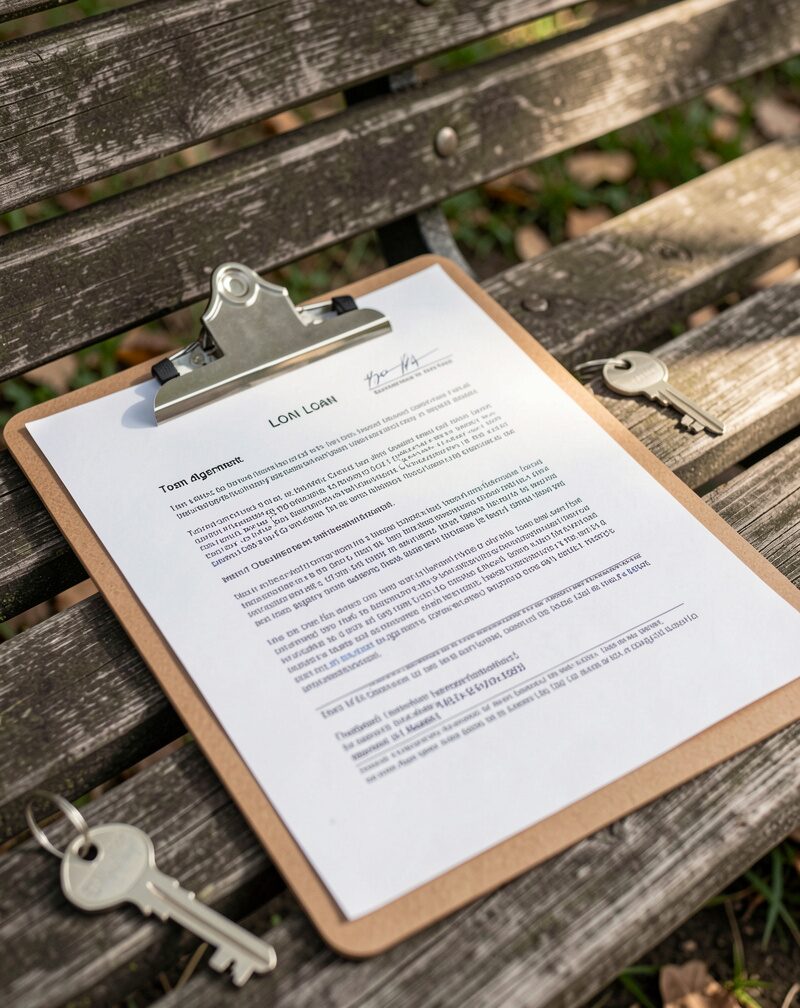 Close-up of a loan agreement clipboard on a worktop with a spare key