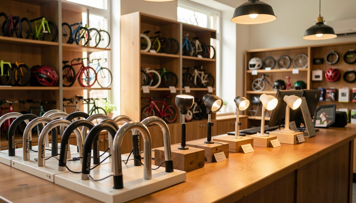 A shop counter display of d-locks and bicycle lamps under warm light