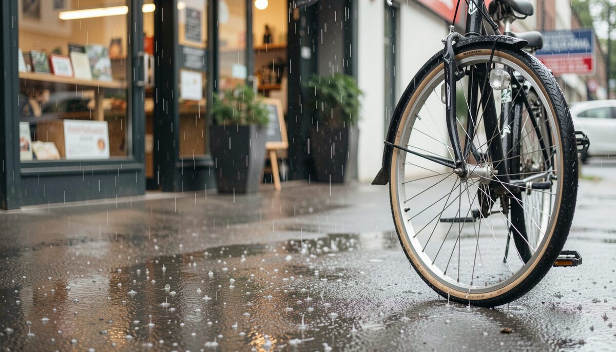 Full-length mudguards on a city bike dripping rain on wet pavement outside a shop