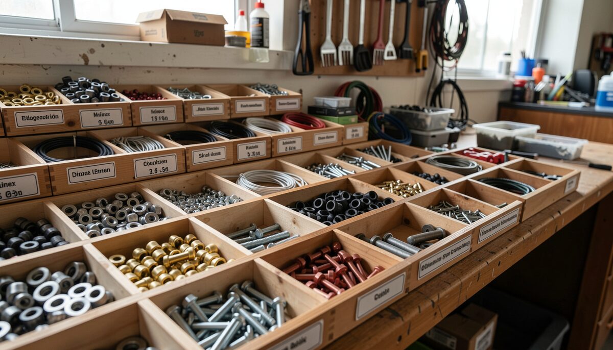Rows of small labelled drawers of bike parts, cables, ferrules and bolts in a workshop