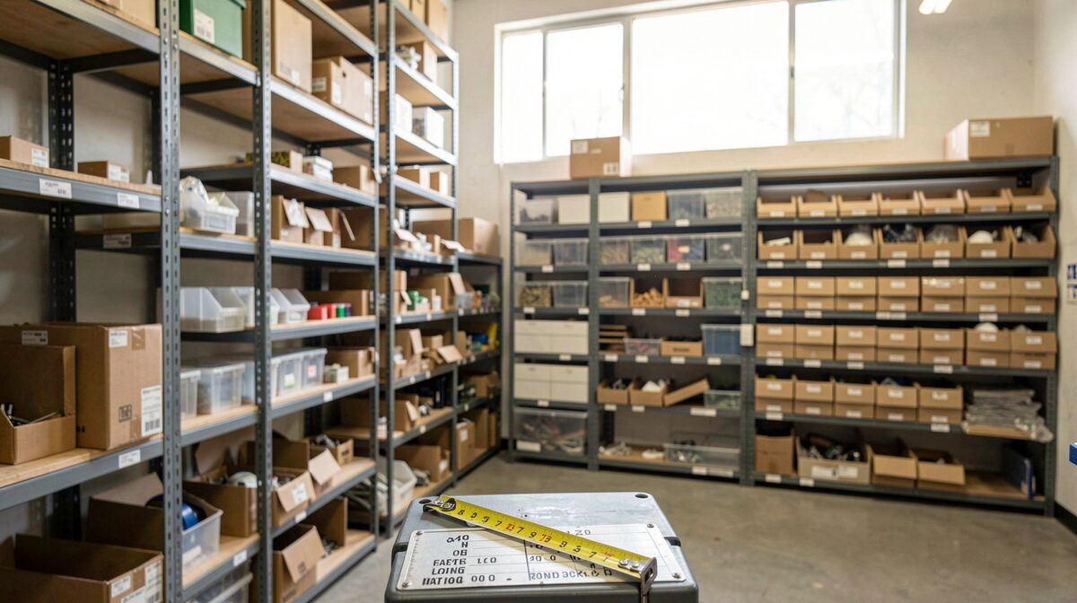 A workshop stockroom at midday, tall steel shelving on one wall and light parts bins on another, a tape measure and a rack load-rating plate in the foreground, natural light from a high window.