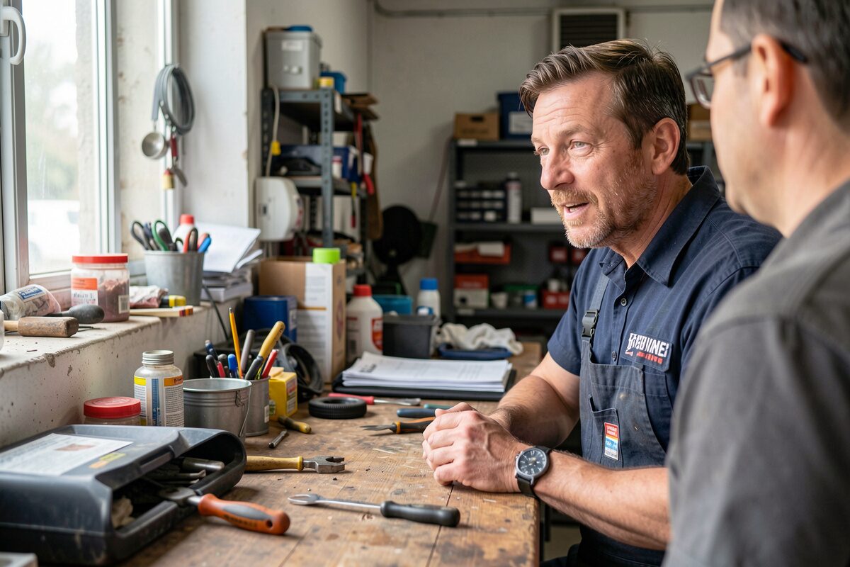 A mechanic talking with a customer across a cluttered shop counter