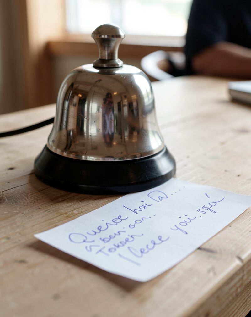 Close-up of a counter bell and a handwritten queue ticket