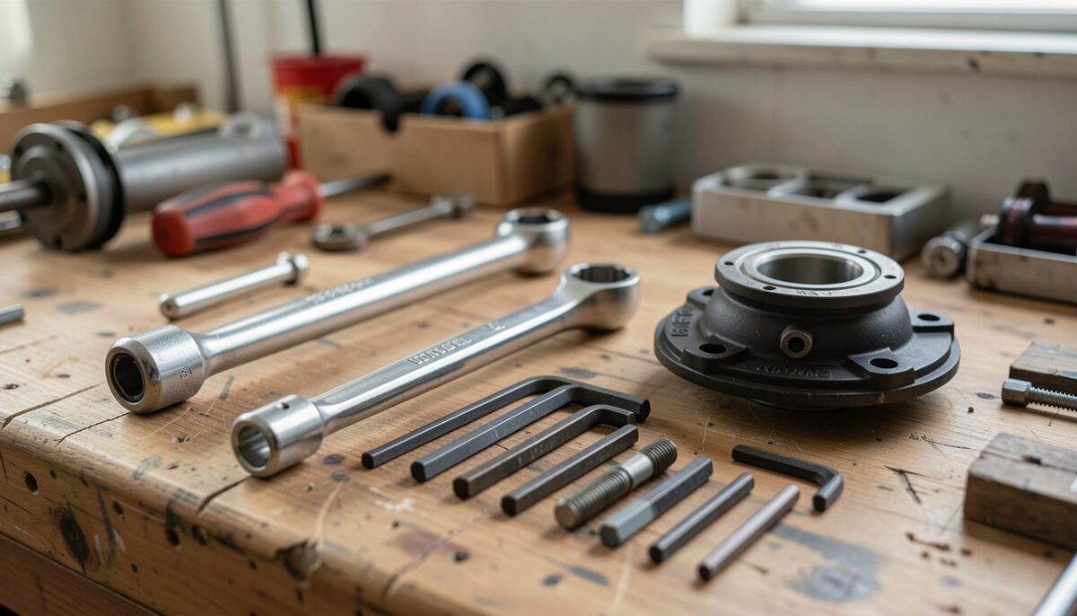 A torque wrench and hex key set laid out on a scarred wooden worktop beside a bottom bracket