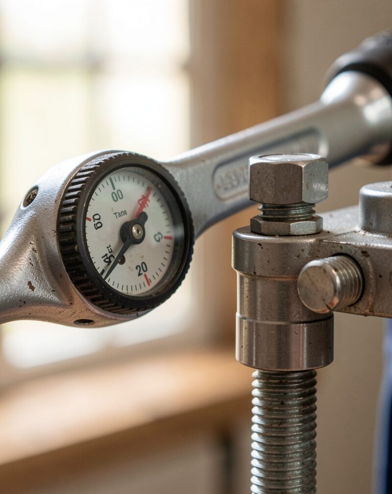 Close-up of a torque wrench dial being set beside a stem bolt