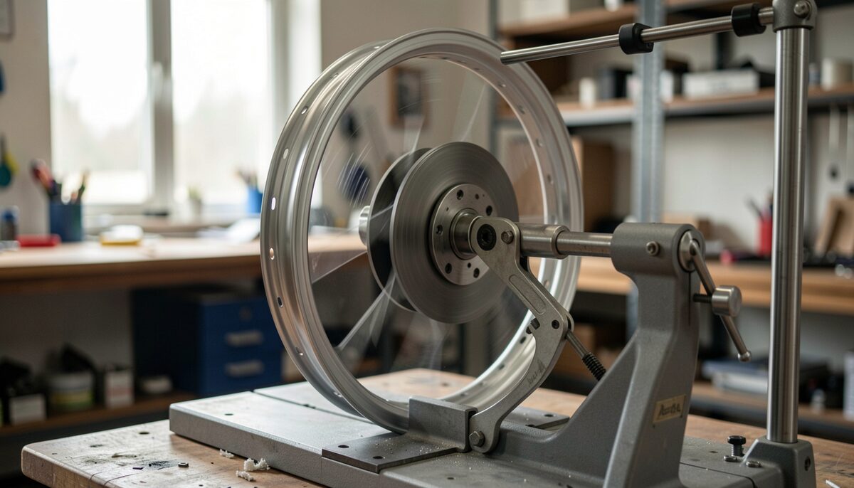 A wheel spinning in a truing stand, caliper arm near the rim, workshop blur behind